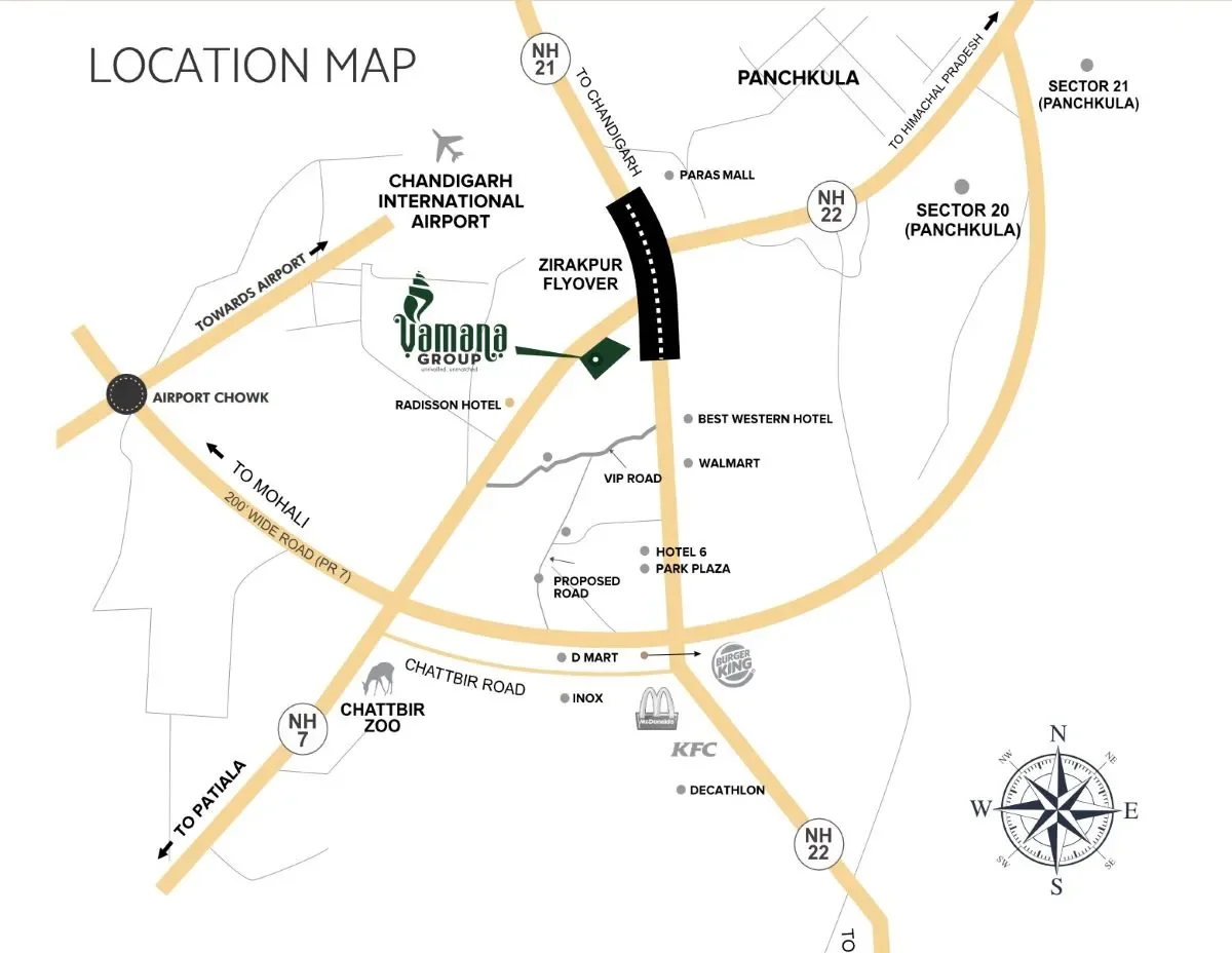 Vamana Arvindam location map showing NH-7, Zirakpur Flyover and Chandigarh International Airport